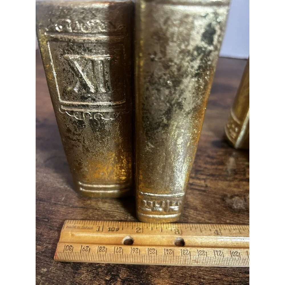 Vintage Gold Bookends Faux Books Roman Numeral Library Shelf Decor Set Pair of 2